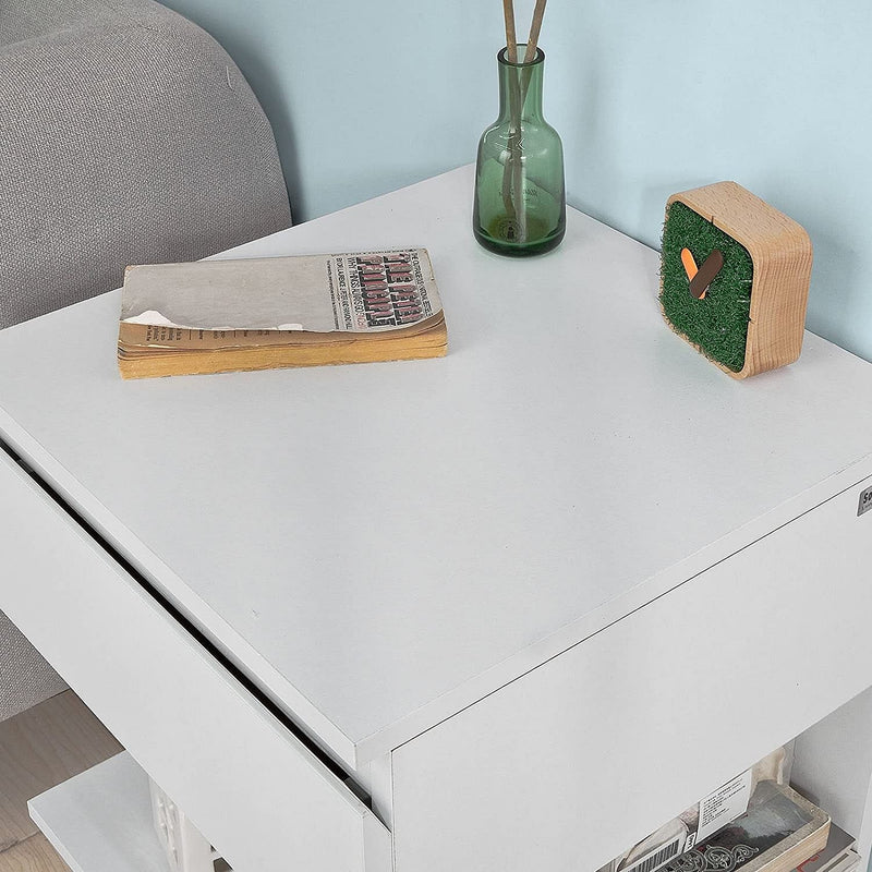 White Side Table Bedside Table with 1 Drawer and 3 Shelves