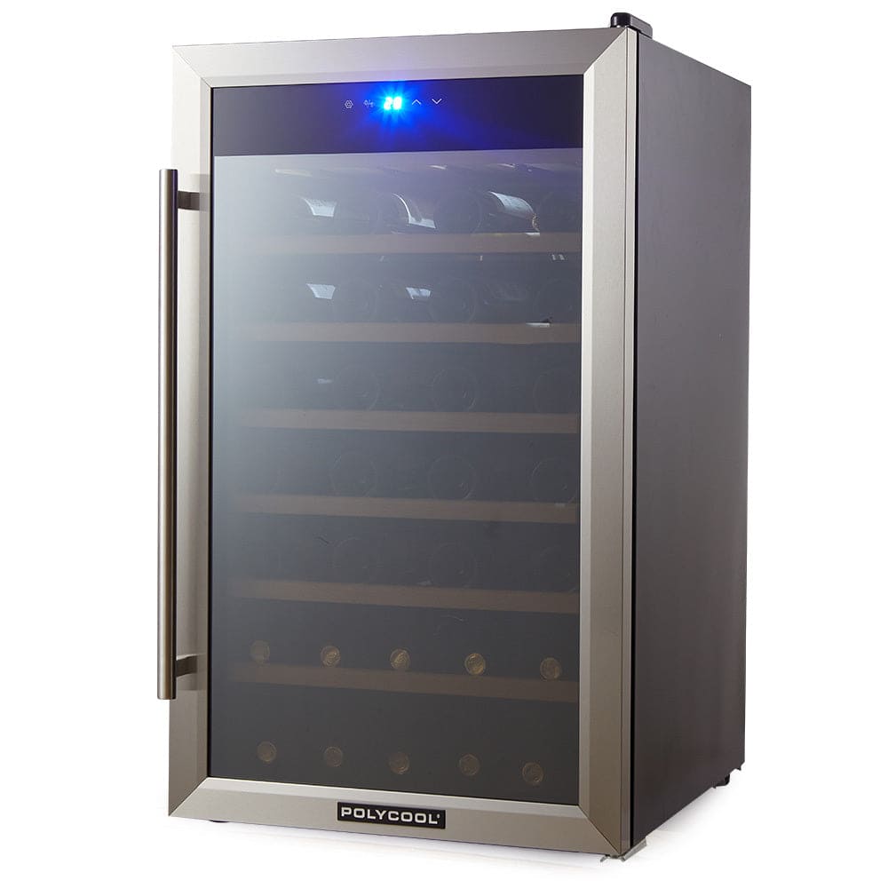 POLYCOOL 51 Bottle Wine Bar Fridge, Under Bench, Glass Door w/ Stainless Steel Frame, Sliding Shelves, Silver