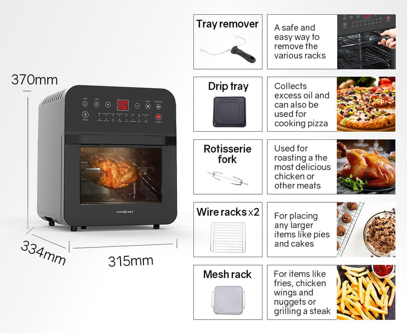 EUROCHEF 16L Air Fryer Electric Digital Airfryer Rotisserie Large Big Dry Black