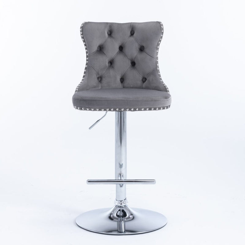 2x Height Adjustable Swivel Bar Stool Velvet Stud Barstool with Footrest and Chromed Base- Gray