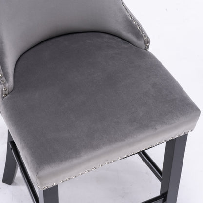 4x Velvet Upholstered Button Tufted Bar Stools with Wood Legs and Studs-Grey