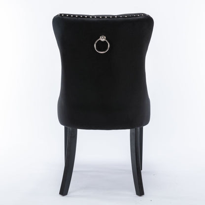 6x Velvet Dining Chairs Upholstered Tufted Kithcen Chair with Solid Wood Legs Stud Trim and Ring-Black