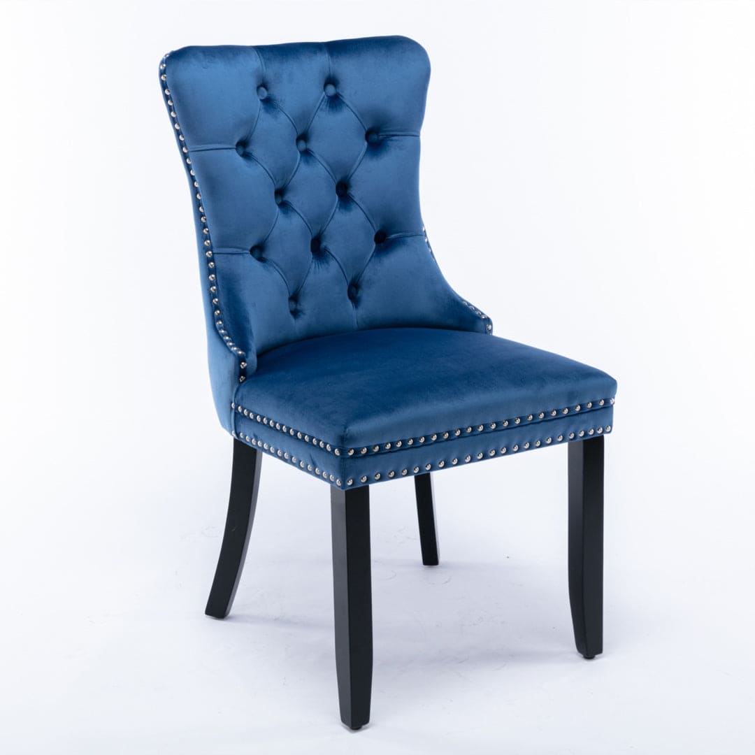 6x Velvet Dining Chairs Upholstered Tufted Kithcen Chair with Solid Wood Legs Stud Trim and Ring-Blue