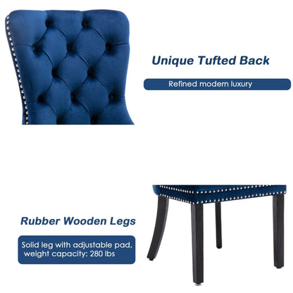 6x Velvet Dining Chairs Upholstered Tufted Kithcen Chair with Solid Wood Legs Stud Trim and Ring-Blue