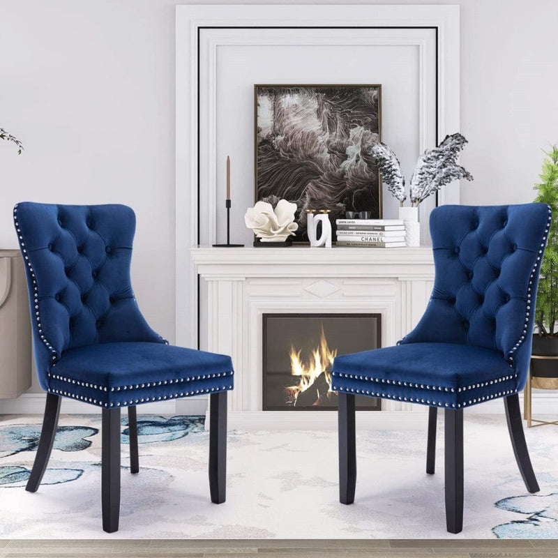 2x Velvet Dining Chairs Upholstered Tufted Kithcen Chair with Solid Wood Legs Stud Trim and Ring-Blue