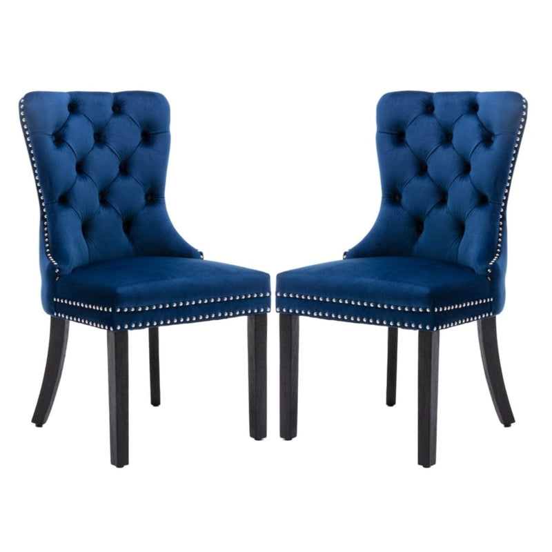 2x Velvet Dining Chairs Upholstered Tufted Kithcen Chair with Solid Wood Legs Stud Trim and Ring-Blue