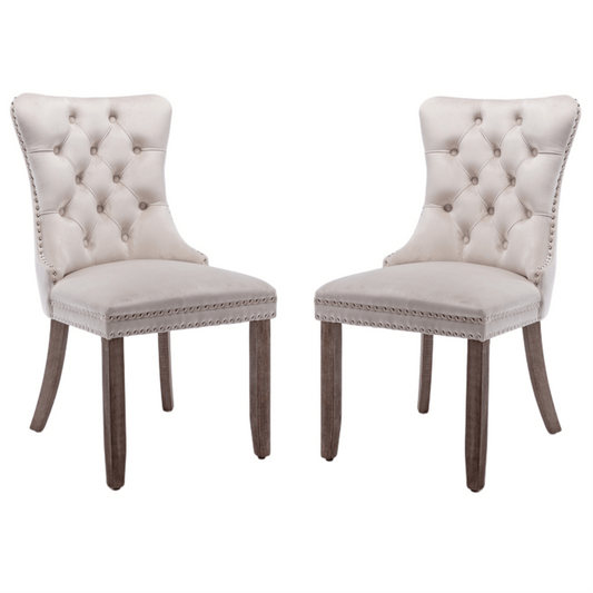 2x Velvet Dining Chairs Upholstered Tufted Kithcen Chair with Solid Wood Legs Stud Trim and Ring-Beige