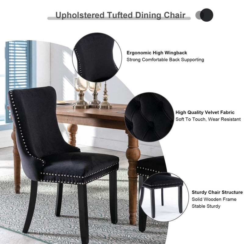 4x Velvet Upholstered Dining Tufted Chairs with Studs Trim and Solid Wood Legs-Black