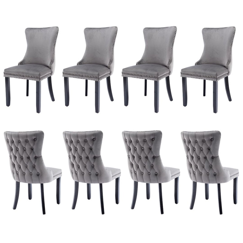 8x Velvet Upholstered Dining Chairs Tufted Wingback Side Chair with Studs Trim Solid Wood Legs for Kitchen