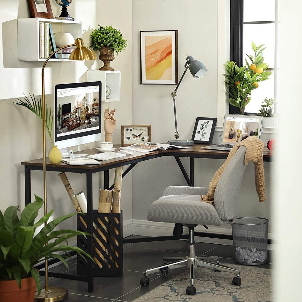 VASAGLE L-Shaped Computer Desk Rustic Brown and Black