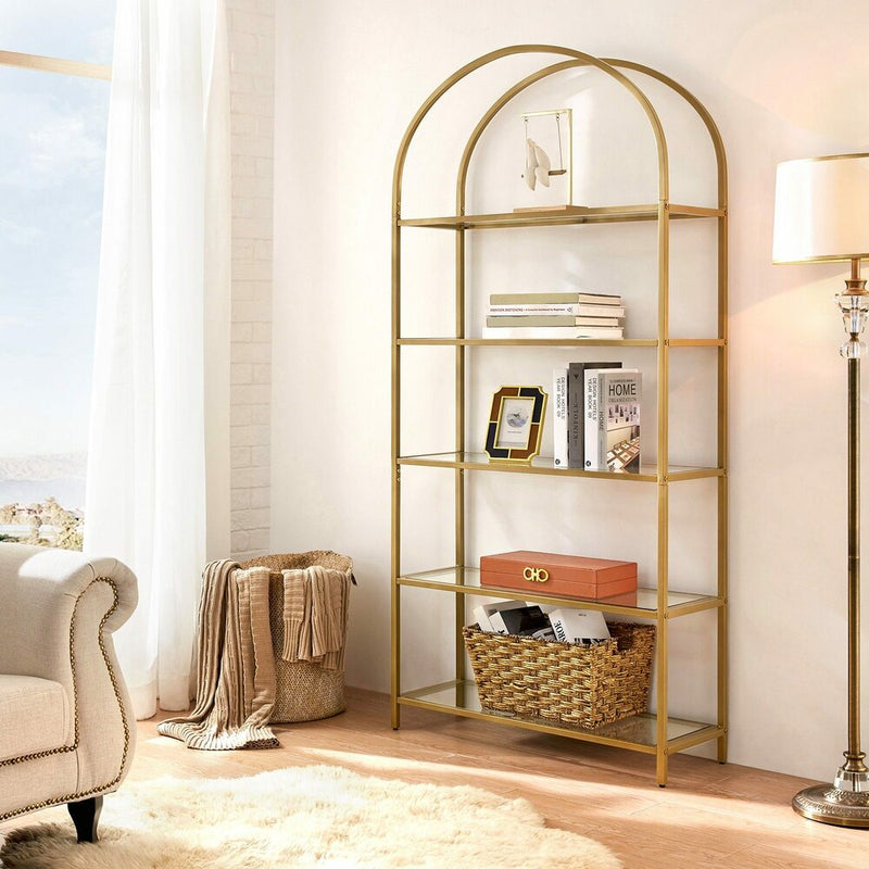 VASAGLE Bookshelf 5 Tier Tempered Glass with Gold Metal Frame