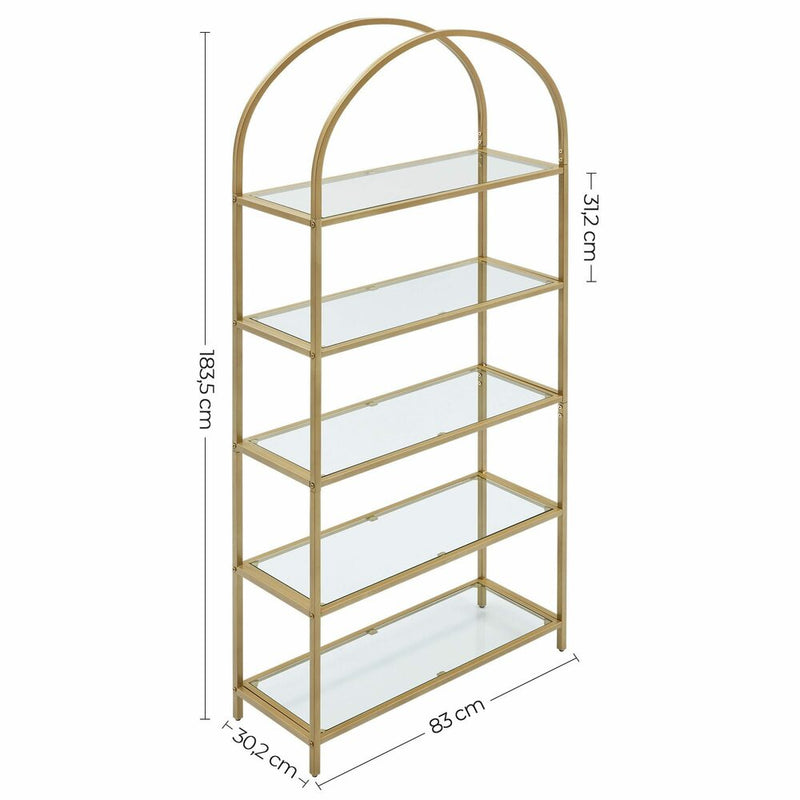 VASAGLE Bookshelf 5 Tier Tempered Glass with Gold Metal Frame