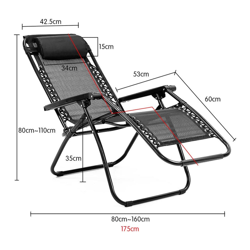 Wallaroo Zero Gravity Reclining Deck Lounge Sun Beach Chair Outdoor Folding Camping - Black