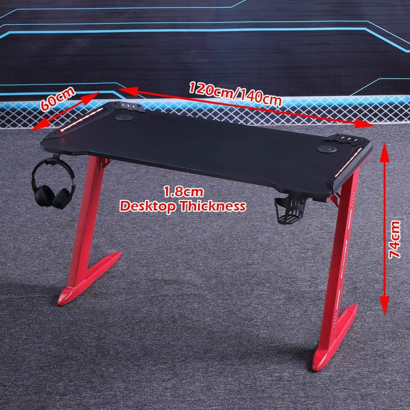 120cm RGB Gaming Desk Home Office Carbon Fiber Led Lights Game Racer Computer PC Table Z-Shaped Red