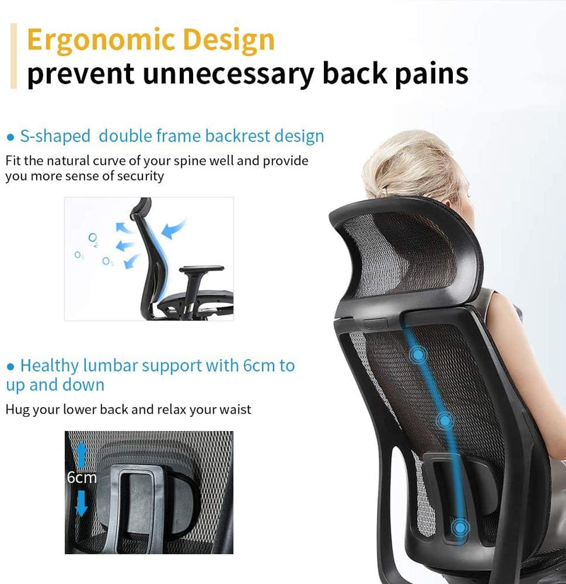 Ergonomic office chair Breathable High-Back Mesh Adjustable Lumbar Support 3D Armrests Tilt Function 360° Rotating Wheels