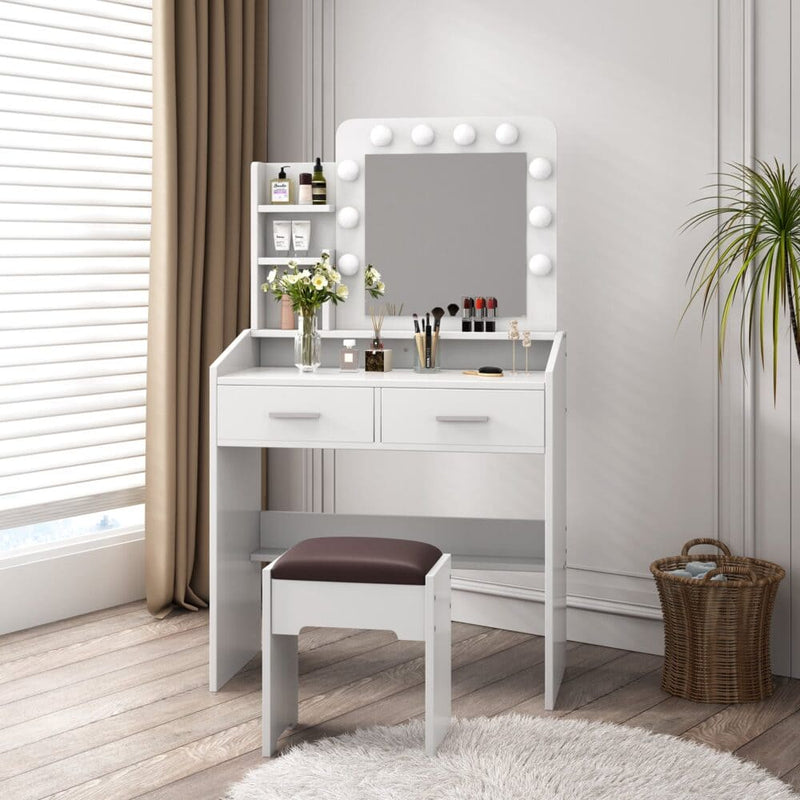 Diana Vanity Set with Shelves Cushioned Stool and Lighted Mirror- White