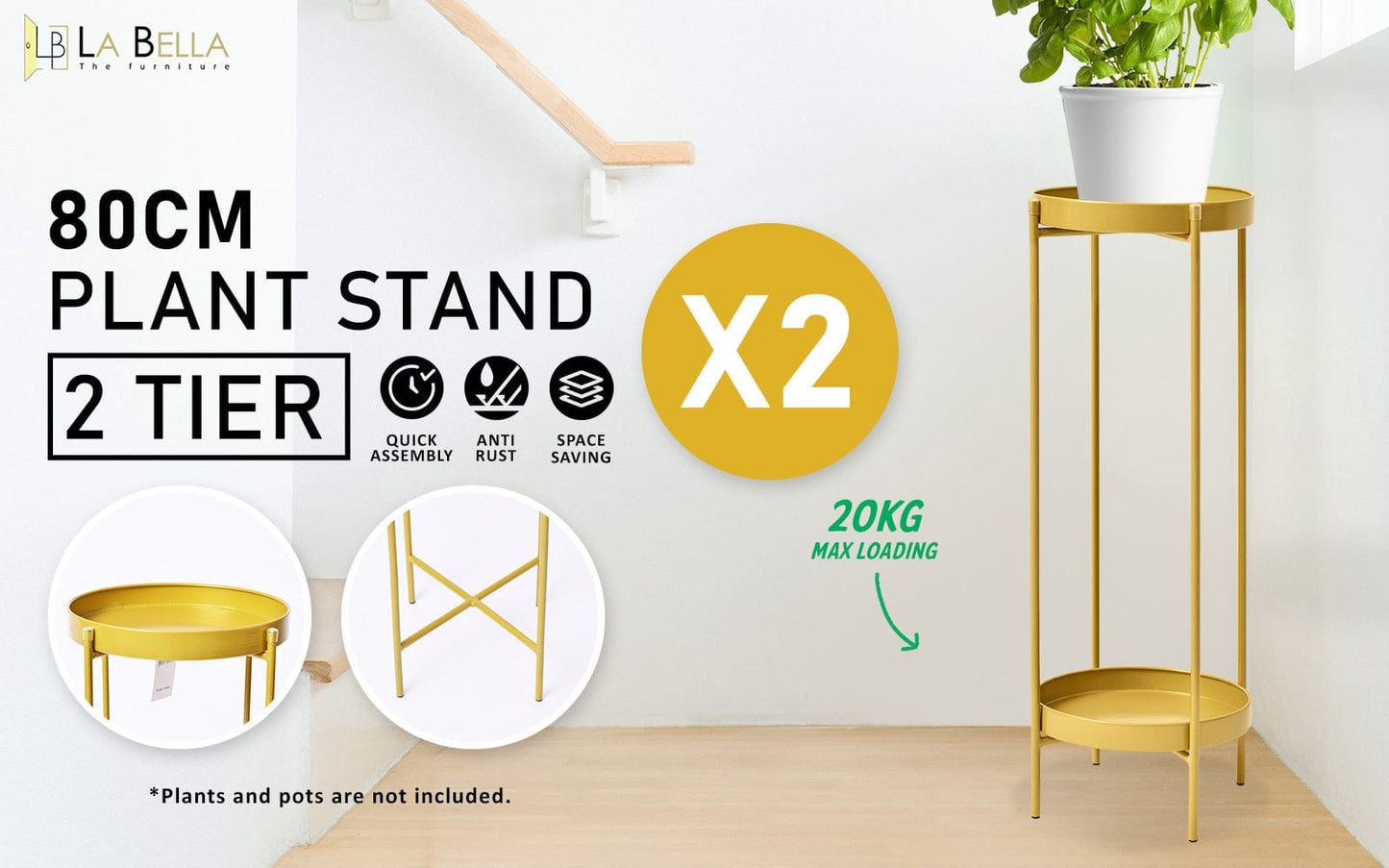 2X Plant Stand 80cm Planter Shelf Rack Display Steel 2 Tier GOLD