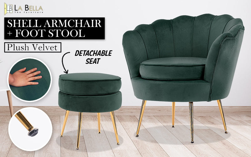 Armchair Lounge Chair Accent Velvet Shell Scallop + Ottoman Footstool Round GREEN