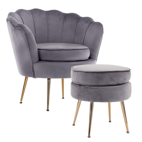 Armchair Lounge Chair Accent Velvet Shell Scallop + Ottoman Footstool Round GREY