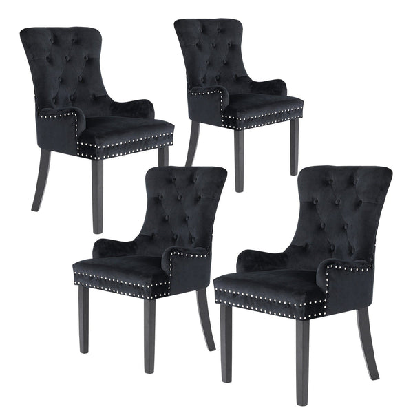 4X French Provincial Dining Chair Ring Studded Velvet Rubberwood Leg LISSE BLACK