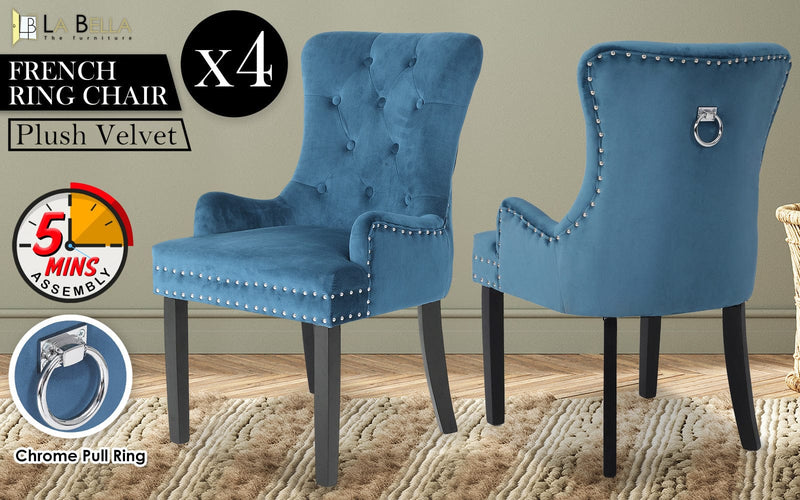 4X French Provincial Dining Chair Ring Studded Velvet Rubberwood Leg LISSE NAVY BLUE