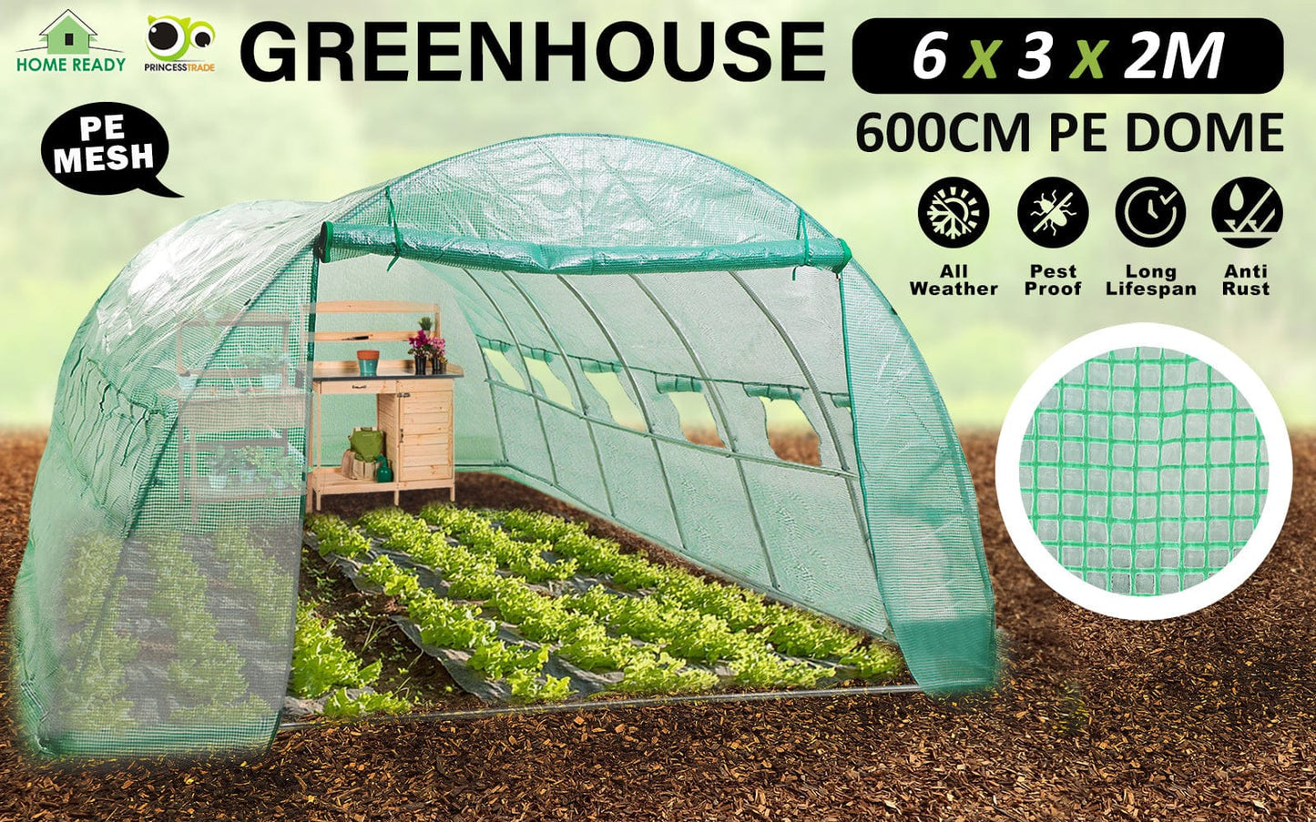 Greenhouse Walk-In Shed 6x3x2M PE Dome Hoop Tunnel Polytunnel