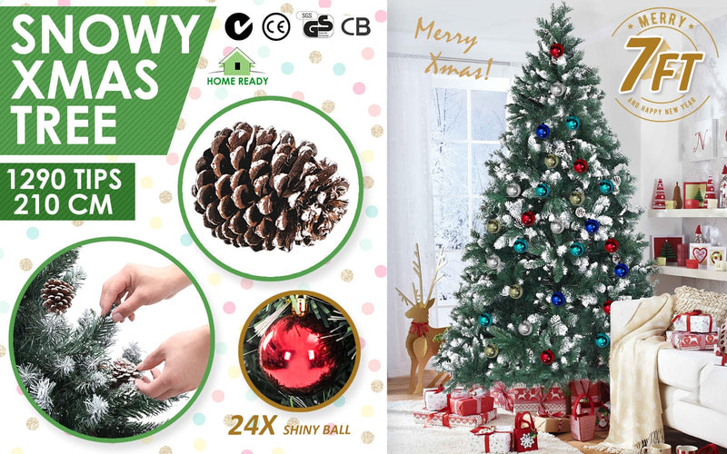 Snowy Christmas Tree Xmas Pine Cones 7Ft 210cm 1290 tips + Bauble Balls