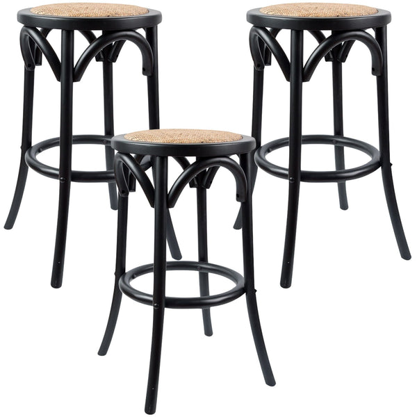 Aster 3pc Round Bar Stools Dining Stool Chair Solid Birch Wood Rattan Seat Black