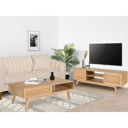 Olearia  ETU Entertainment TV Unit 175cm Solid Mango Wood Rattan 2 Door Natural