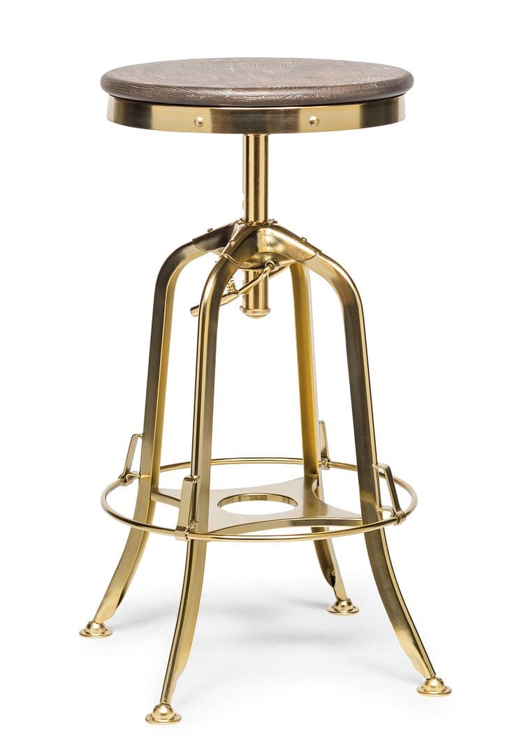 Industrial Height Adjustable Swivel Bar Stool with Oak Wood Top - Gold Finish