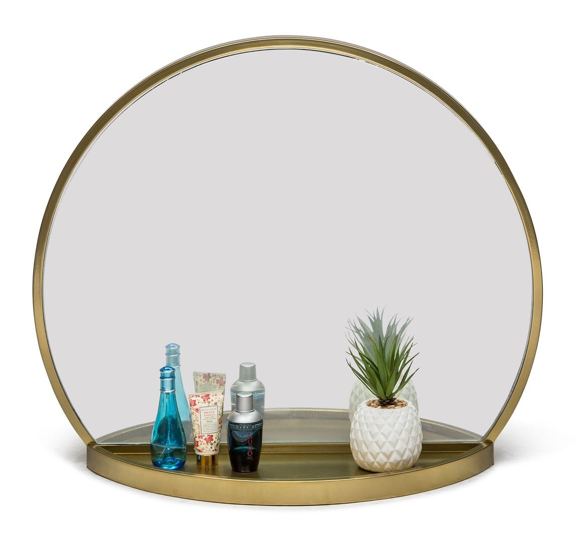 Round Table Wall Mirror with Shelf Storage in Brass Finish