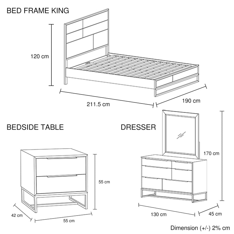 4 Pieces Bedroom Suite made in Solid Wood Acacia Veneered King Size Oak Colour Bed, Bedside Table & Dresser