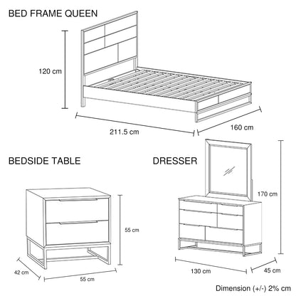 4 Pieces Bedroom Suite made in Solid Wood Acacia Veneered Queen Size Oak Colour Bed, Bedside Table & Dresser