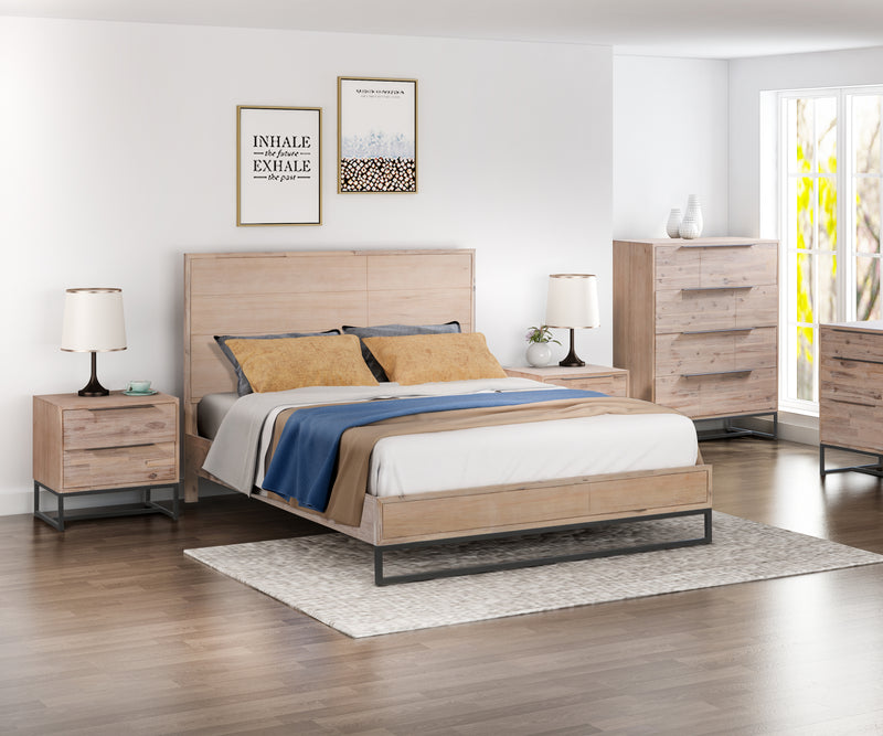 4 Pieces Bedroom Suite made in Solid Wood Acacia Veneered King Size Oak Colour 1X Bed, 2X Bedside Table & 1X Tallboy