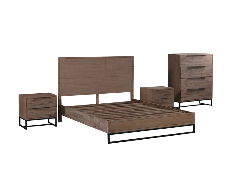 4 Pieces Bedroom Suite made in Solid Wood Acacia Veneered Queen Size Oak Colour 1XBed, 2X Bedside Table & 1XTallboy