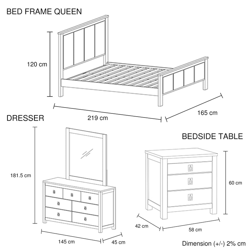 4 Pieces Bedroom Suite with Solid Acacia Wood Veneered Construction in Queen Size White Ash Colour Bed, Bedside Table & Dresser