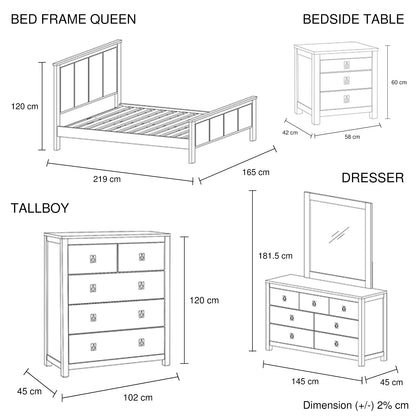 5 Pieces Bedroom Suite with Solid Acacia Wood Veneered Construction in Queen Size White Ash Colour Bed, Bedside Table , Tallboy & Dresser