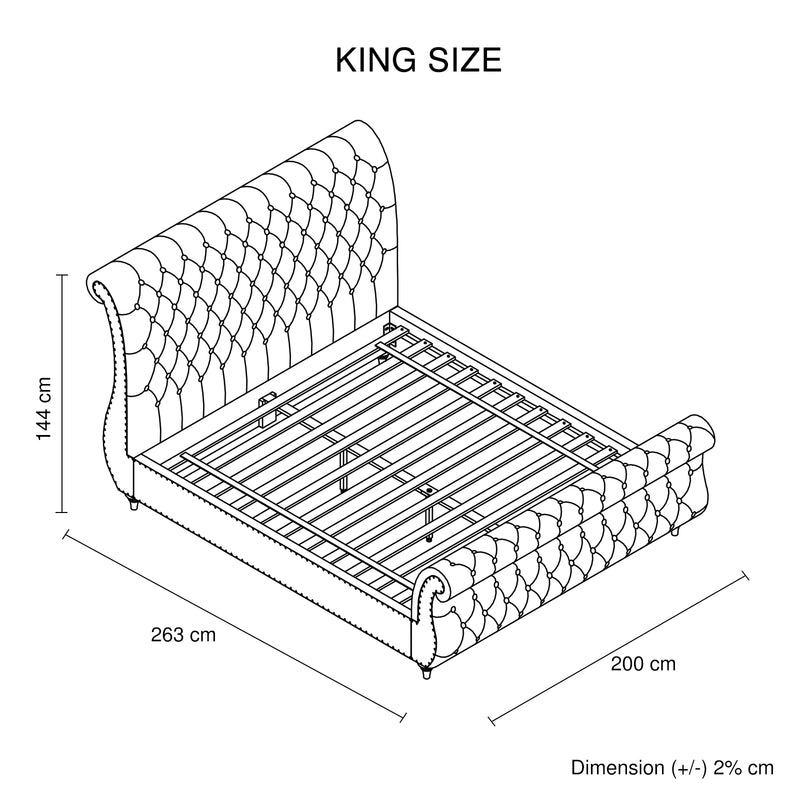 King Size Sleigh Bedframe Velvet Upholstery Grey Colour Tufted Headboard And Footboard Deep Quilting