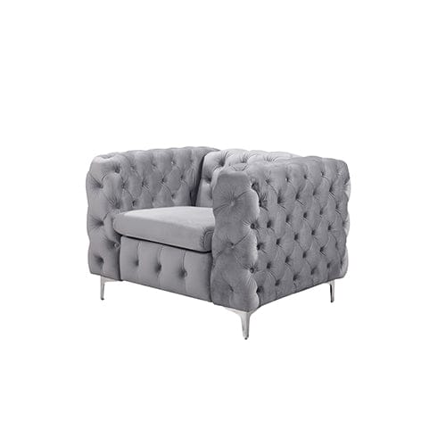 Single Seater Grey Sofa Classic Armchair Button Tufted in Velvet Fabric with Metal Legs