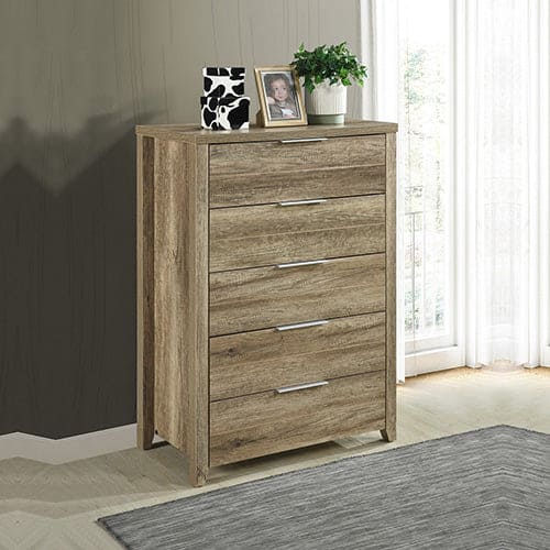 Tallboy with 5 Storage Drawers Natural Wood like MDF in Oak Colour