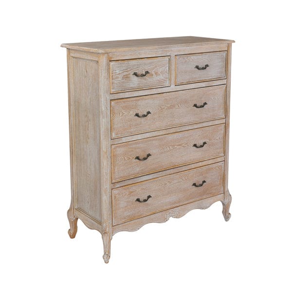 Tallboy Oak Wood Plywood Veneer White Washed Finish Storage Drawers