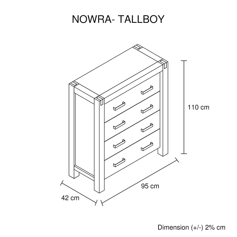 Tallboy with 4 Storage Drawers Solid Wooden Assembled in Chocolate Colour