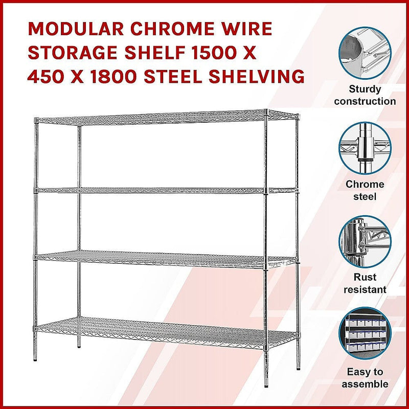 Modular Chrome Wire Storage Shelf 1500 x 450 x 1800 Steel Shelving