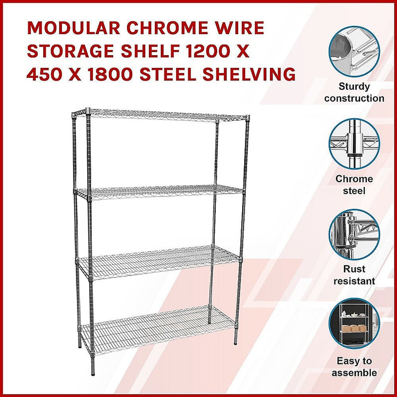 Modular Chrome Wire Storage Shelf 1200 x 450 x 1800 Steel Shelving