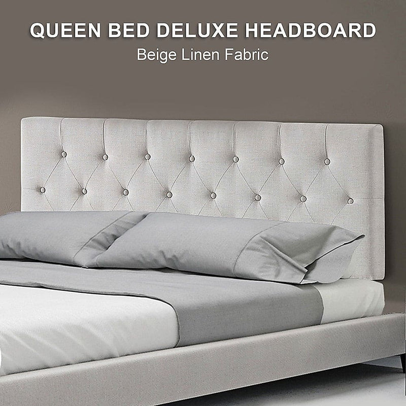 Linen Fabric Queen Bed Deluxe Headboard Bedhead - Beige