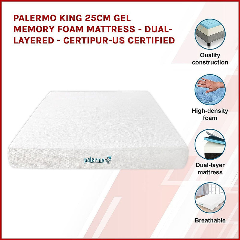 Palermo King 25cm Gel Memory Foam Mattress  - Dual-Layered  - CertiPUR-US Certified