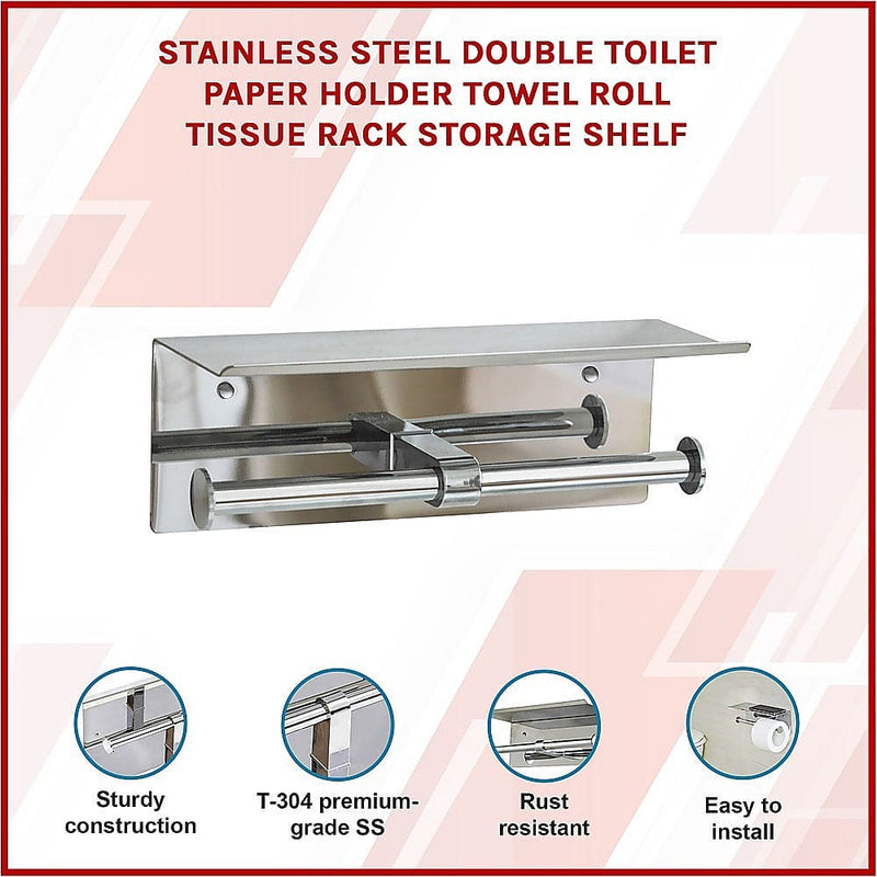 Stainless Steel Double Toilet Paper Holder Towel Roll Tissue Rack Storage Shelf