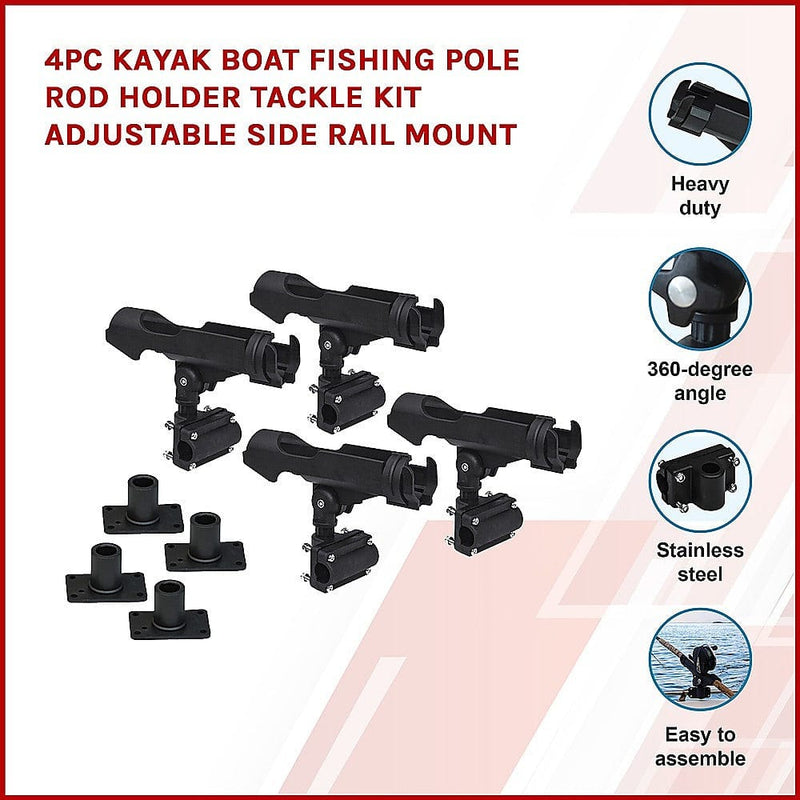 4PC Kayak Boat Fishing Pole Rod Holder Tackle Kit  Adjustable Side Rail Mount