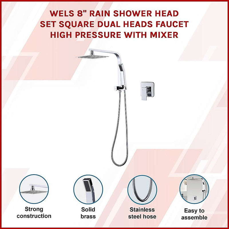 WELS 8" Rain Shower Head Set Square Dual Heads Faucet High Pressure With Mixer