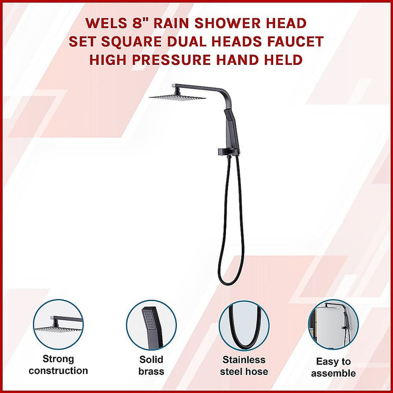 WELS 8" Rain Shower Head Set Square Dual Heads Faucet High Pressure Hand Held